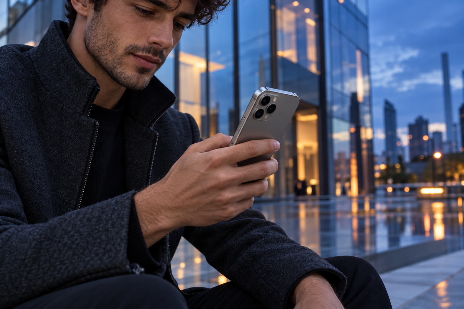 Using a smartphone outside modern city architecture